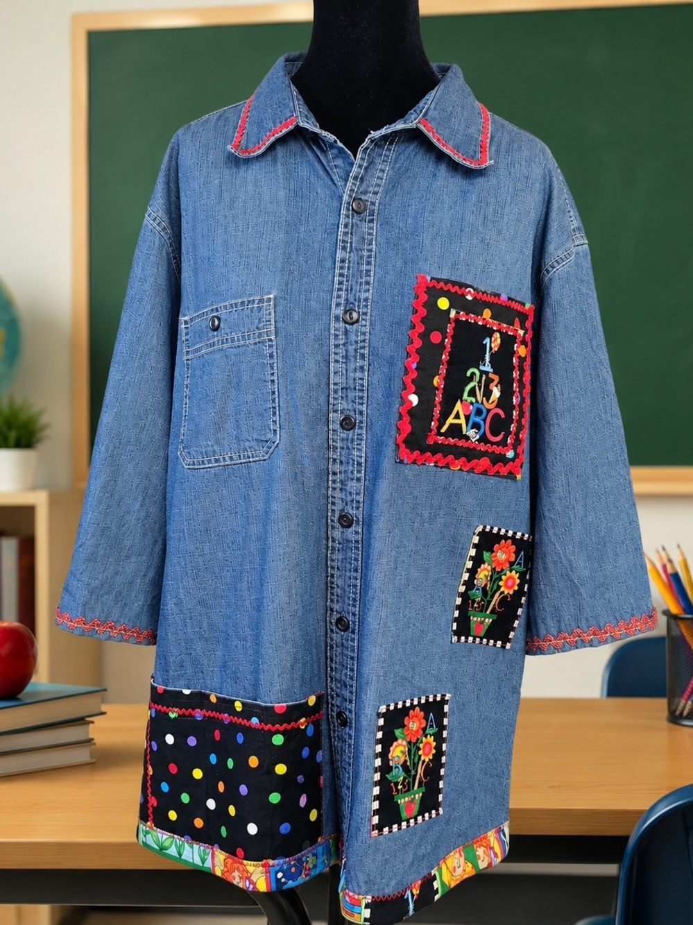 Faded Glory Oversized Button Up Shirt Large Teacher Back to School ABC Art Denim